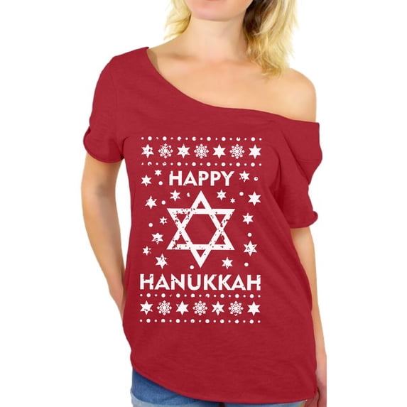 Awkward Styles Happy Hanukkah Off The Shoulder Shirt for Women Gifts for Chanukah Hanukkah Oversized Shirts for Women Hanukkah T Shirt Off Shoulder Hanukkah Menorah Shirt Jewish Holiday Gifts