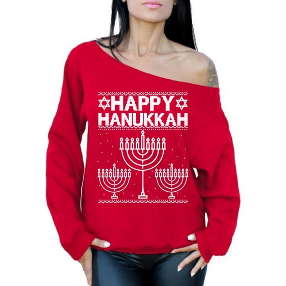 Awkward Styles Happy Hanukkah Off the Shoulder Sweatshirt Sweater Jewish Menorah Christmas Sweater for Women Xmas Off shoulder Top Slouchy Oversized Sweatshirt Happy Hanukkah Christmas Sweater