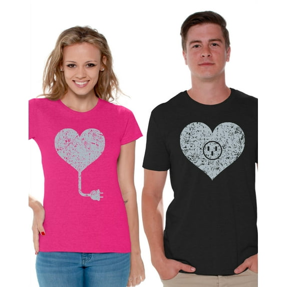 Awkward Styles Heart Matching Couple Shirts Love Shirts for Couple Cute Heart Plug Valentine Shirts Anniversary Gifts for Couples Heart Socket Couples Shirts Happy Valentines Boyfriend Girlfriend Gift