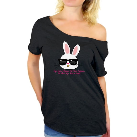 Awkward Styles Hip Hop Easter Bunny Off Shoulder Shirt Easter Bunny Shirt Oversized Easter Gifts for Her Happy Easter Tshirt Women's Easter Flowy Top Easter Holiday Outfit Cool Easter Bunny Shirt