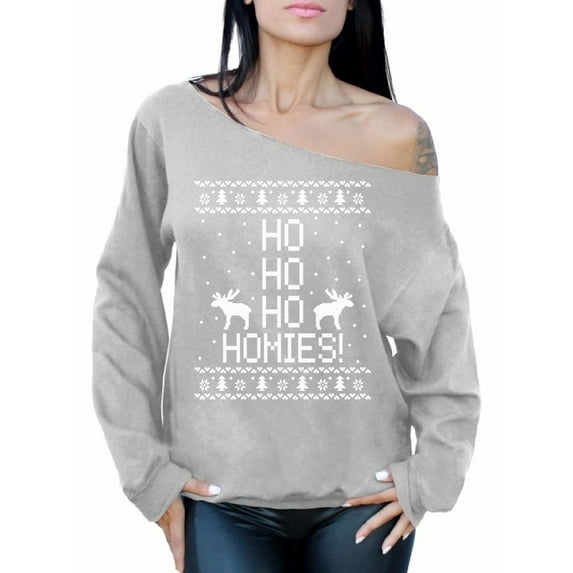 Awkward Styles Ho Ho Ho Homies Christmas Sweatshirt Ho Ho Ho Christmas Off the Shoulder Sweatshirt Sweater Christmas Sweater for Women Slouchy Oversized Sweatshirt Reindeer Off the Shoulders