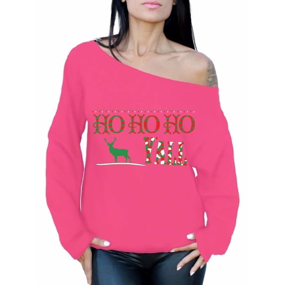 Awkward Styles Ho Ho Ho Yall Christmas Sweatshirt Off the Shoulder Sweatshirt Sweater Xmas Reindeer Holiday Sweatshirt Christmas Sweater for Women Slouchy Oversized Sweatshirt Off the Shoulder Top