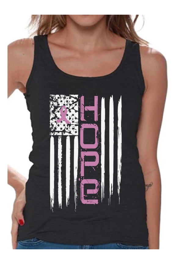 Hope American Flag Tank Top for Women Pink Ribbon USA Flag Tanks Breast Cancer Awareness Shirts for Women Breast Cancer Tank Top Gifts for Cancer Survivor Women's Pink Ribbon Hope Tank