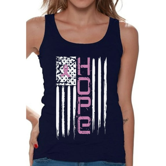 Awkward Styles Hope American Flag Tank Top for Women Pink Ribbon USA Flag Tanks Breast Cancer Awareness Shirts for Women Breast Cancer Tank Top Gifts for Cancer Survivor Women's Pink Ribbon Hope Tank