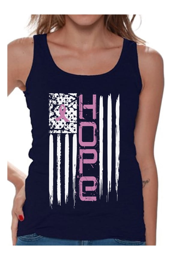 Hope American Flag Tank Top for Women Pink Ribbon USA Flag Tanks Breast Cancer Awareness Shirts for Women Breast Cancer Tank Top Gifts for Cancer Survivor Women's Pink Ribbon Hope Tank