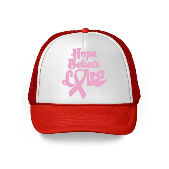 Awkward Styles Hope Believe Love Trucker Hat Breast Cancer Awareness Gifts for Men and Women Pink Ribbon Snapback Hat Cancer Support Ribbon Baseball Hat Gifts for Cancer Survivor Cancer Support Cap