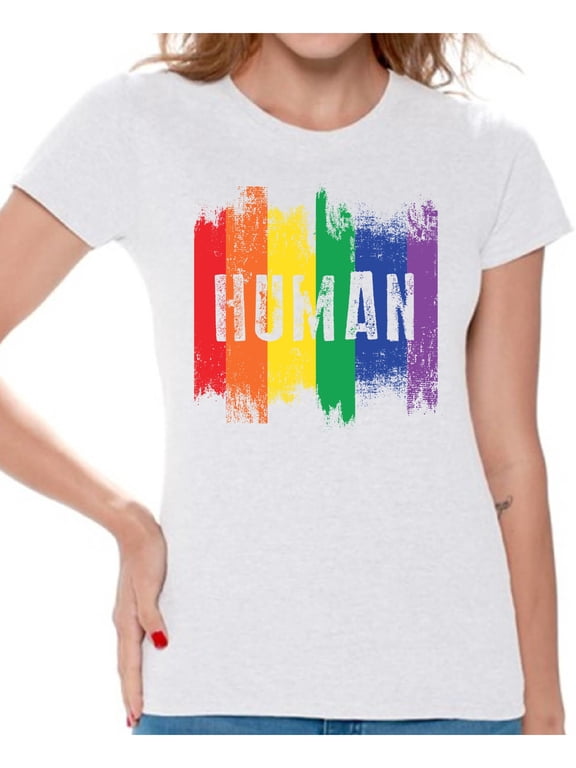 Human Ladies T Shirt Human Shirt for Women Gay Shirt for Women Gay Shirt Gay Pride T-Shirt Gay Flag Shirts Gay Flag T Shirt Rainbow Gay T Shirt Cute Ladies Tshirt LGBTQ Clothing