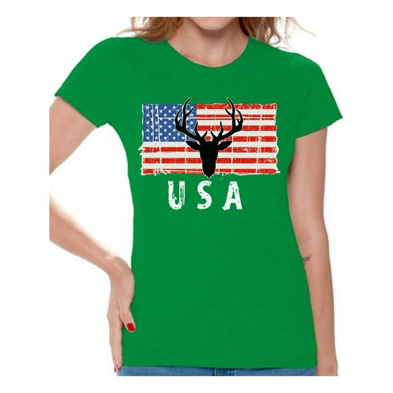 Awkward Styles Hunting Deer USA Women Shirt One Nation 4th of July Women T shirt Red White and Blue Vintage USA Tshirt for Women Love USA American Flag Women T-shirt 4th of July Party