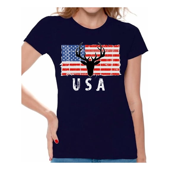 Awkward Styles Hunting Deer USA Women Shirt One Nation 4th of July Women T shirt Red White and Blue Vintage USA Tshirt for Women Love USA American Flag Women T-shirt 4th of July Party