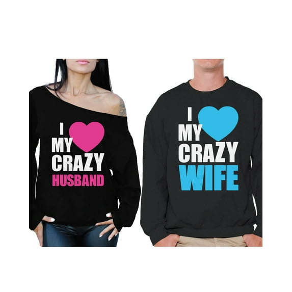 Awkward Styles I Love My Crazy Husband Off Shoulder Sweatshirt I Love My Crazy Wife Sweater Husband & Wife Couple Sweatshirts Matching Couple Sweaters for Husband & Wife Anniversary Valentines Gifts