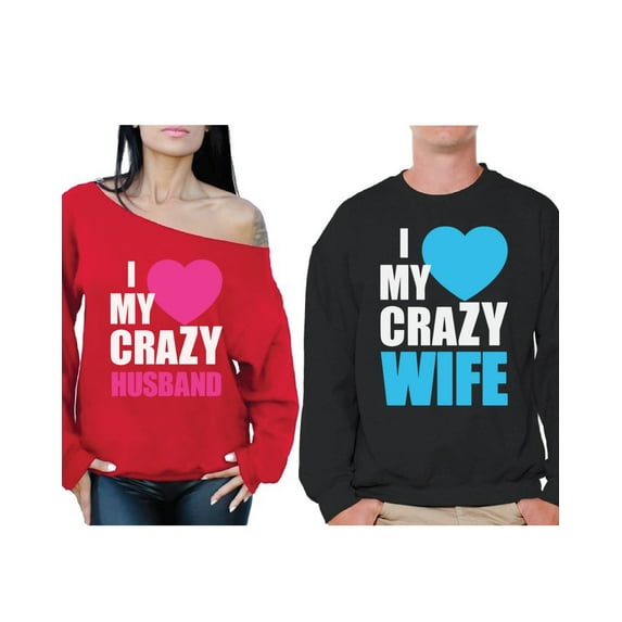 Awkward Styles I Love My Crazy Husband Off Shoulder Sweatshirt I Love My Crazy Wife Sweater Husband & Wife Couple Sweatshirts Matching Couple Sweaters for Husband & Wife Anniversary Valentines Gifts