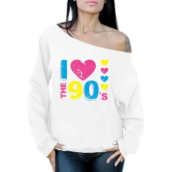 Awkward Styles I Love The 90s Off The Shoulder Tops for Women Sweatshirts for 90s Fans 90s Women's Sweatshirt Tops I Love the 90's Sweater for Party 90s Disco Outfit for Women Retro Off the Shoulder