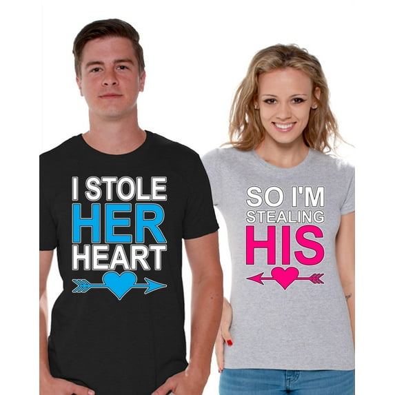 Awkward Styles I Stole Her Heart So I'm Stealing His T shirt for Couples Funny Valentines Day Couple Shirts Anniversary Gifts for Couples Boyfriend and Girlfriend Cute Matching Couple Shirts