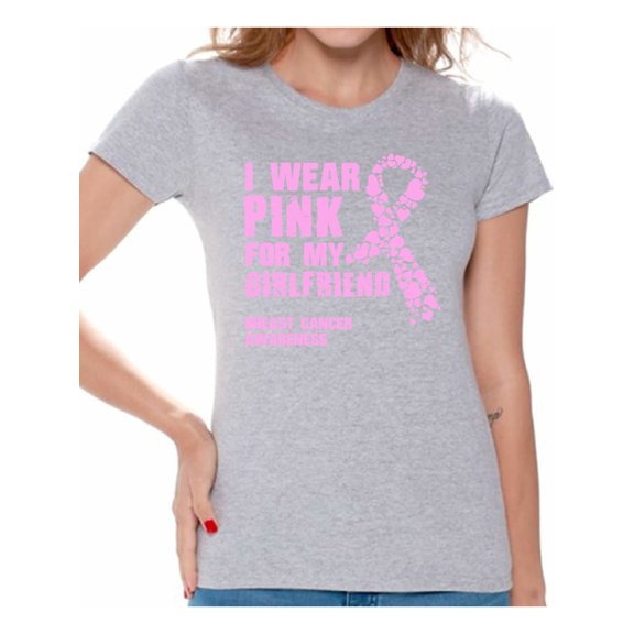 Awkward Styles I Wear Pink For My Girlfriend Women's Shirt Pink Ribbon Shirt for Girlfriend Cancer Gifts Breast Cancer Awareness Shirts Pink Women T Shirt I Wear Pink For My Girlfriend