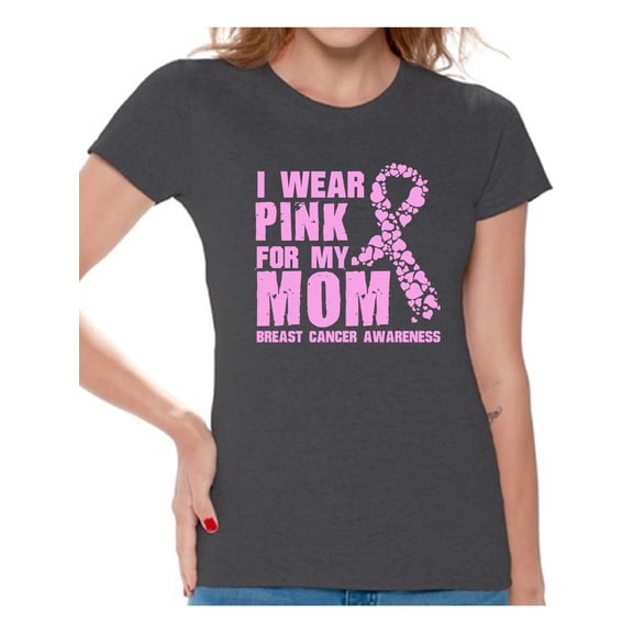 Awkward Styles I Wear Pink For My Mom Ladies Shirts Cancer Shirt Pink T Shirt for Ladies Cancer Survivor Shirt I Wear Pink For My Mom Tshirt Breast Cancer Awareness Shirt Pink Ribbon Support T-Shirt