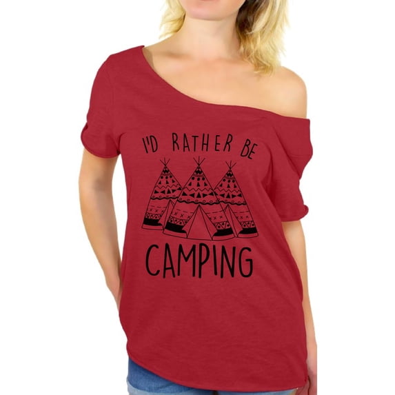 Awkward Styles I'd Rather be Camping Off The Shoulder Shirt Camper Off Shoulder Shirt for Mom I Love Camping Oversize Shirt for Women Camping Clothes I Would Rather be Camping Off Shoulder Shirt