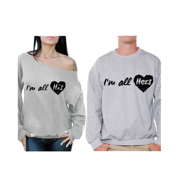 Awkward Styles I'm All His Off the Shoulder Sweatshirt I'm All Hers Sweater Matching Boyfriend Girlfriend Couple Sweatshirts Love Gifts for Valentine's Day Matching Husband Wife Couple Sweaters