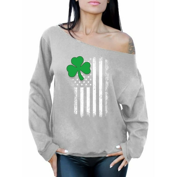Awkward Styles Irish American Off Shoulder Sweatshirt Cute American Shamrock Slouchy Oversized Sweater for Women St. Patrick's Day Outfits Proud Irish American Women Irish Clover Gifts for Her