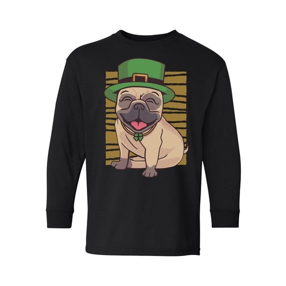 Awkward Styles Irish Day Youth Long Sleeve T-shirt Pug in Green Hat Crewneck Tee for Kids Patrick's Day