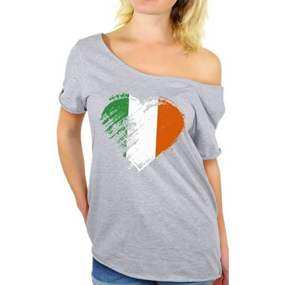Awkward Styles Irish Flag Heart Shirt St. Patricks Day Off Shoulders Proud Irish American T Shirt Gifts for Irish St Patricks Women Tops Irish Flag Distressed Shirt St Paddy's Day Tee Irish Tops