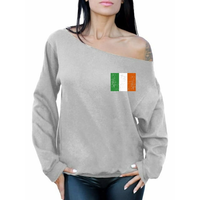 Awkward Styles Irish Flag Pocket Sweatshirt St. Patricks Day Off Shoulder Top for Women Proud Irish Sweatshirt Irish Gifts Flag of Ireland Distressed Irish Tricolor Sweatshirt St Paddy's Day Sweater