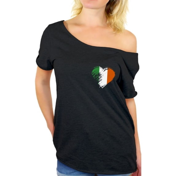 Awkward Styles Irish Heart Pocket Off Shoulder Shirts Irish Heart Patched Flowy Top for Women Cute Heart Shirt for Irish American Women Proud To Be Irish American Lucky Irish Gifts St. Patrick's Day
