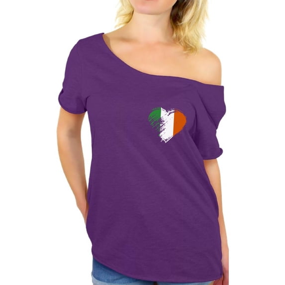 Awkward Styles Irish Heart Pocket Off Shoulder Shirts Irish Heart Patched Flowy Top for Women Cute Heart Shirt for Irish American Women Proud To Be Irish American Lucky Irish Gifts St. Patrick's Day