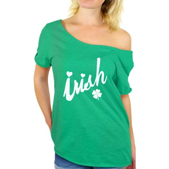 Awkward Styles Irish Off Shoulder Shirt Women's St. Patrick's Day Tshirt Oversized Irish Shirts Irish Clover Flowy Top Four Leaf Clover Shirt St. Paddy's Day Shirts for Women Saint Patrick's Day