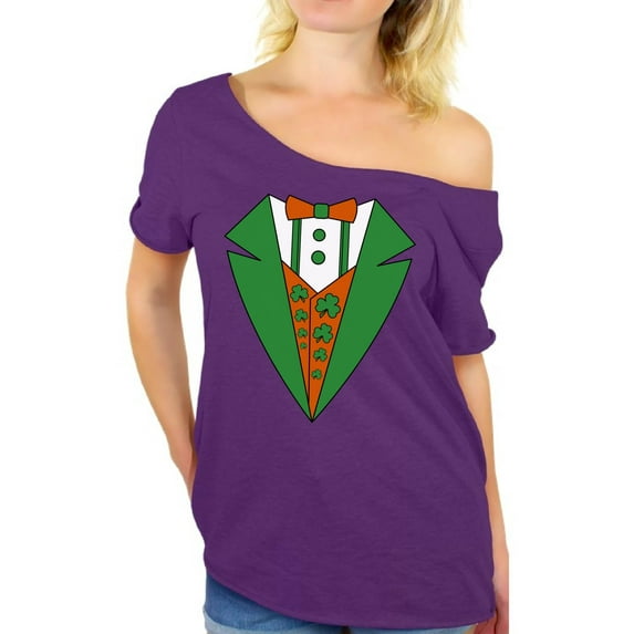 Awkward Styles Irish Tuxedo Off The Shoulder Tshirt for Women Funny Leprechaun Tuxedo Shirts Shamrock Green Baggy Shirts Irish American Pride Irish Clover Off Shoulder Shirt for St. Patrick's Day 2018