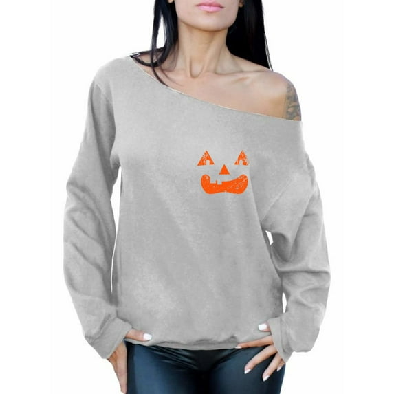 Awkward Styles Jack-O'-Lantern Off The Shoulder Sweatshirt Halloween Pumpkin Oversized Sweater Pumpkin Face Sweater Women's Halloween Sweatshirt Spooky Outfit for Halloween Scary Gifts for Her