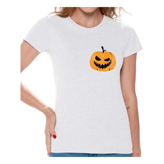Awkward Styles Jack O'Lantern Pumpkin Shirt for Ladies Halloween Pumpkin Pocket Shirt for Women Spooky Pumpkin Face Tee Cute and Easy Pumpkin Halloween Costume for Ladies