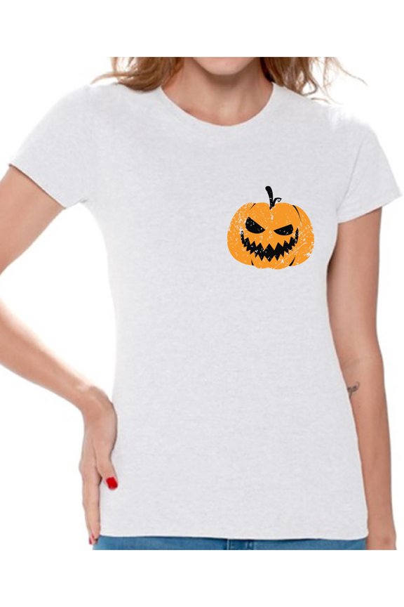 Jack O'Lantern Pumpkin Shirt for Ladies Halloween Pumpkin Pocket Shirt for Women Spooky Pumpkin Face Tee Cute and Easy Pumpkin Halloween Costume for Ladies