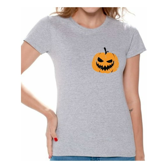 Awkward Styles Pumpkin Patch Tshirt Jack-O'-Lantern Pocket Shirt Halloween Shirt for Women Spooky Outfit Scary Gifts for Her Pumpkin Face T Shirt Jack-O'-Lantern Pumpkin Shirt Women's Halloween Tshirt