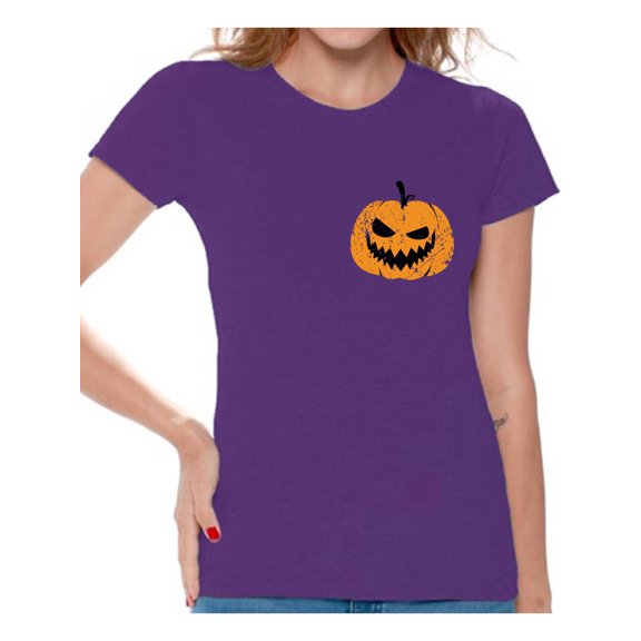 Awkward Styles Jack O'Lantern Pumpkin Shirt for Ladies Halloween Pumpkin Pocket Shirt for Women Spooky Pumpkin Face Tee Cute and Easy Pumpkin Halloween Costume for Ladies