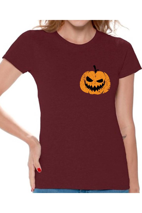 Jack O'Lantern Pumpkin Shirt for Ladies Halloween Pumpkin Pocket Shirt for Women Spooky Pumpkin Face Tee Cute and Easy Pumpkin Halloween Costume for Ladies