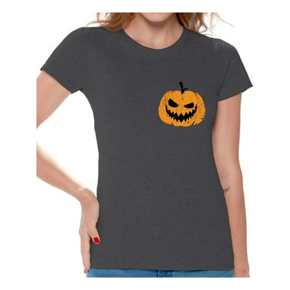 Awkward Styles Jack O'Lantern Pumpkin Shirt for Ladies Halloween Pumpkin Pocket Shirt for Women Spooky Pumpkin Face Tee Cute and Easy Pumpkin Halloween Costume for Ladies