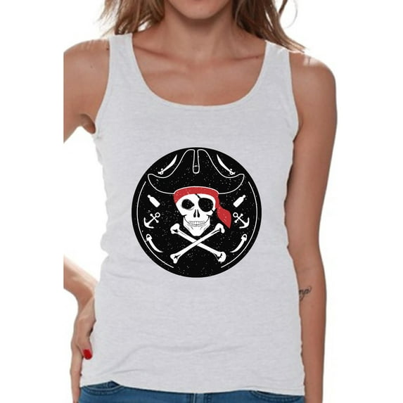 Awkward Styles Jolly Roger Tank Top for Women Pirate Skull Tank Women's Day of the Dead Tank Top Jolly Roger Skull Sleeveless Shirt Dia de los Muertos Gifts Pirate Skull Flag Shirt Pirate Flag Tank