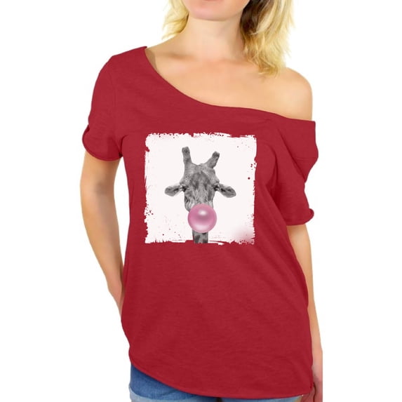 Awkward Styles Ladies Off The Shoulder Shirt Women T Shirt Women Clothes Giraffe with Gum Off The Shoulder Shirt Animal T-Shirt for Woman Funny Animal Gifts Giraffe Clothing Giraffe T Shirt Cute Shirt