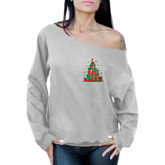 Awkward Styles Lit Christmas Tree Off Shoulder Sweatshirt Lit Xmas Oversized Sweater for Women Funny Xmas Gifts Christmas Sweater Holiday Party Outfit Xmas Tree Sweatshirt Christmas Top