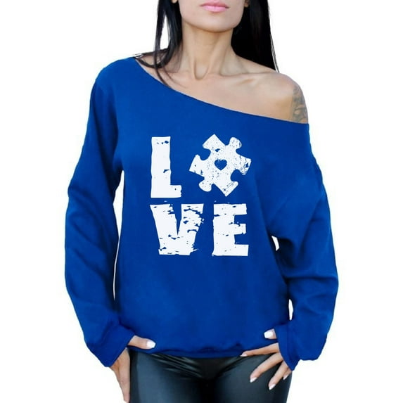 Awkward Styles Love Puzzle Off the Shoulder Sweatshirt Autism Awareness Sweater for Women Autism Off Shoulder Tops Autism Puzzle Gifts Support Autism Awareness Sweatshirt Autistic Spectrum Awareness