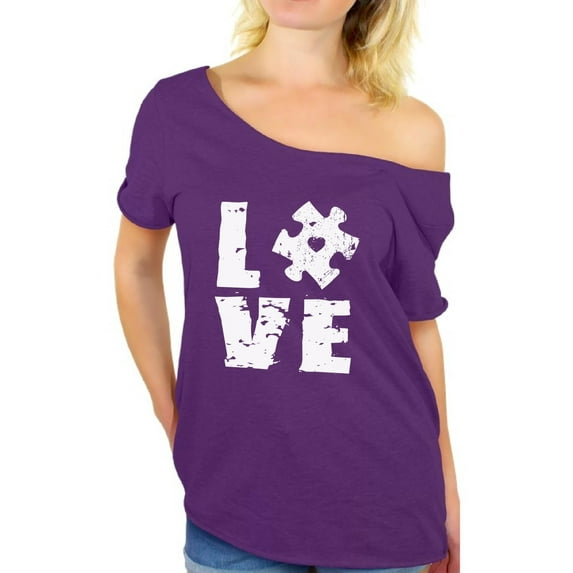 Awkward Styles Love Puzzle Off Shoulder T Shirt Autism Awareness Shirts for Women Autism T Shirt Autism Puzzle Gifts Support Autism Awareness Women's T-Shirt Tops Autistic Spectrum Awareness Shirts