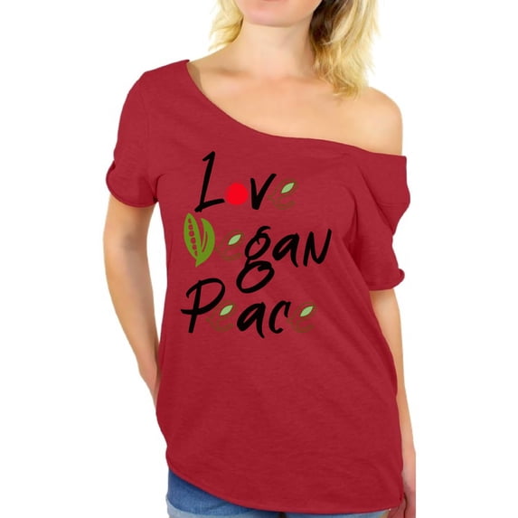 Awkward Styles Love Vegan Peace Off The Shoulder Shirt Lovely Vegetarian Off Shoulder Tshirt Vegan Friendly Oversized Shirts for Ladies Vegan T Shirts Vegan Clothes for Women Organic Gifts for Vegans