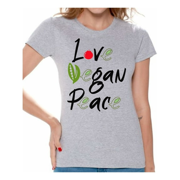 Awkward Styles Love Vegan Peace Womens T-Shirt Lovely Vegetarian Tshirt Vegan Friendly Shirts for Ladies Vegan T Shirts Vegan Clothes for Women Vegan Organic Shirts for Her Gifts for Vegetarians