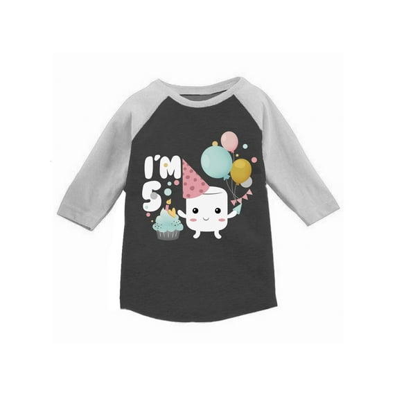 Awkward Styles Marshmallow Birthday Party Raglan Shirt for Boy Gifts for Girl Fifth B Day Youth Raglan Marshmallow Raglan for Boys Gifts for 5 Year Old 5th Birthday Shirt for Girls 5th I'm Five Shirt