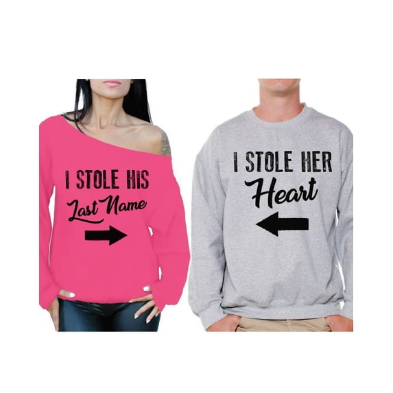 Awkward Styles Matching Husband Wife Couple Sweatshirts I Stole His Last Name Off Shoulder Sweatshirt I Stole Her Heart Sweater Cute Couple Sweaters Happy Valentines Day Love Gifts for Couples