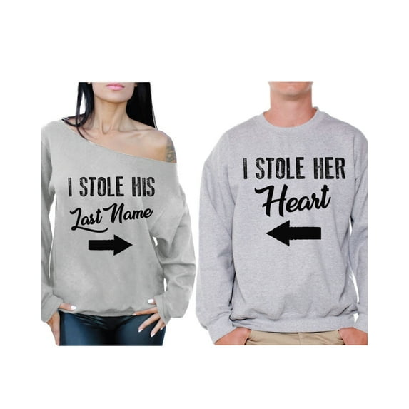 Awkward Styles Matching Husband Wife Couple Sweatshirts I Stole His Last Name Off Shoulder Sweatshirt I Stole Her Heart Sweater Cute Couple Sweaters Happy Valentines Day Love Gifts for Couples