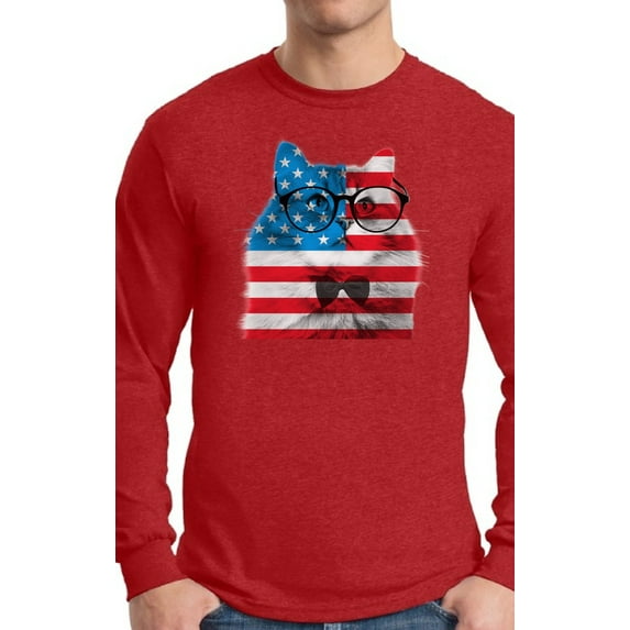 Awkward Styles Men's American Flag Cat Graphic Long Sleeve T-shirt Tops USA Flag Cat Independence Day 4th of July