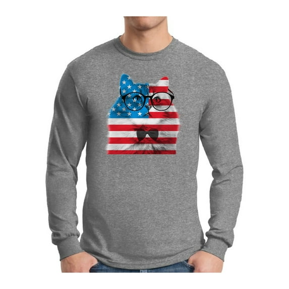 Awkward Styles Men's American Flag Cat Graphic Long Sleeve T-shirt Tops USA Flag Cat Independence Day 4th of July