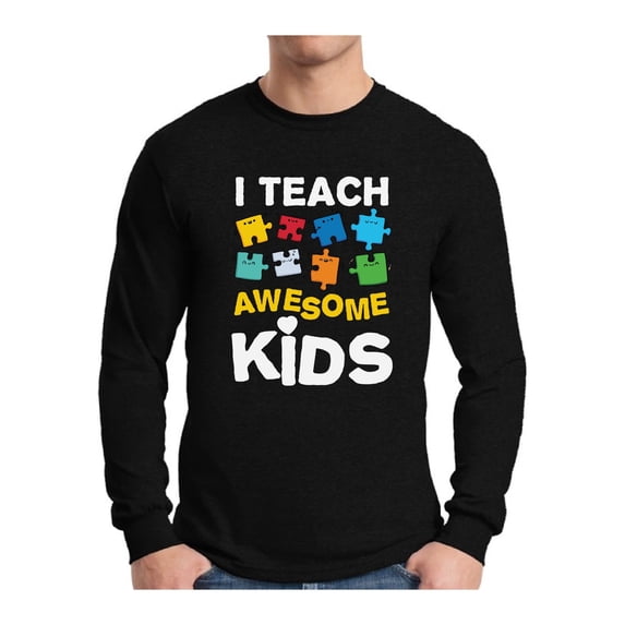 Awkward Styles Men's Autism Awareness Puzzle Graphic Long Sleeve T-shirt Tops I Teach Awesome Kids