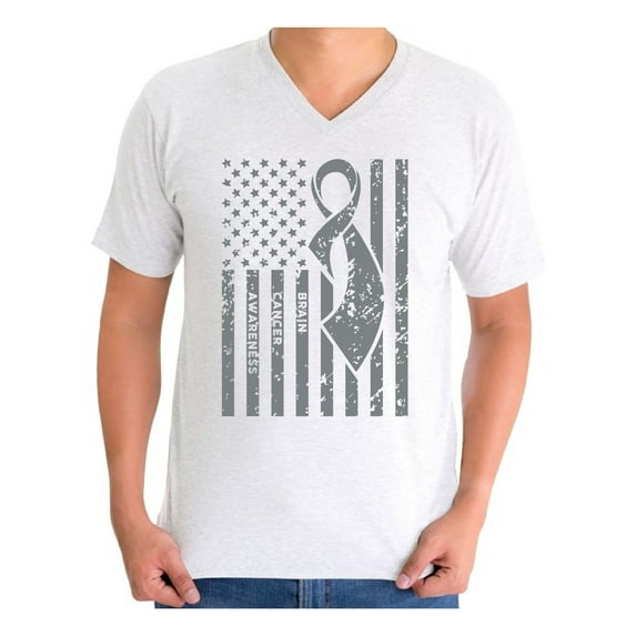 Awkward Styles Men's Brain Cancer Awareness Graphic V-neck T-shirt Tops Gray Ribbon